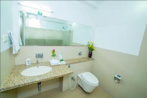 海得拉巴Hill View Hitech City的一间带水槽、卫生间和镜子的浴室