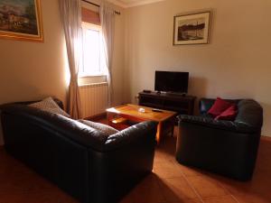 雷森迪Casa do Passarinho的客厅配有2把皮椅和咖啡桌