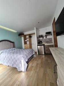 墨西哥城Acogedor loft privado的一间卧室配有一张床和一间厨房