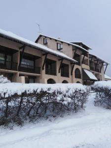 圣雷热雷梅累兹STUDIO CABINE PIED DES PISTES的雪地中的一座建筑,有雪覆盖的灌木丛