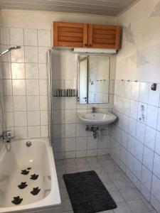 TholeyFerienwohnung Am Schaumberg的浴室配有盥洗盆、浴缸和盥洗盆