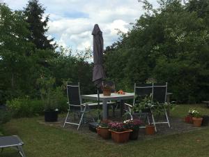 TholeyFerienwohnung Am Schaumberg的桌椅,带雨伞和盆栽植物