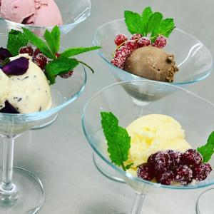VogtAdam & Eva Gasthof Paradies mit Hotel的四碗冰淇淋,包括浆果和薄荷