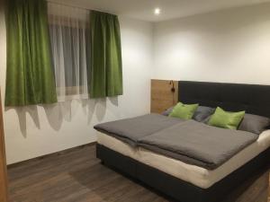 萨姆瑙恩Suot Crapalb的卧室内的一张带绿色枕头的床