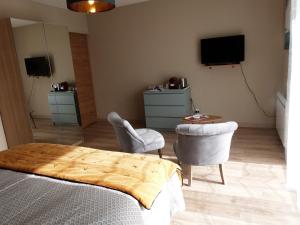 Gatteville-le-PhareLe Clos de l'Abré的一间卧室配有一张床、两把椅子和一台电视