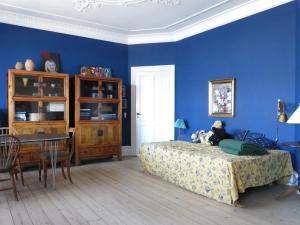 哥本哈根哥本哈根1150公寓的一间拥有蓝色墙壁的卧室,配有一张床和一张桌子