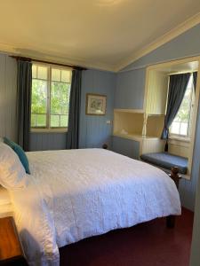 史丹霍普Big Fella Wines & Accommodation的一间卧室配有一张床、一把椅子和窗户。