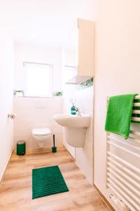 松德斯豪森Pension Dorfliebe的浴室设有卫生间水槽和绿色地毯。
