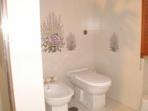 丰迪Il Glicine di Carmen的浴室设有卫生间,墙上挂着紫色鲜花。
