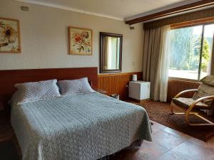 卡涅特Complejo Pehuen Lago Lanalhue的卧室配有床、椅子和窗户。