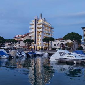 利尼亚诺萨比亚多罗马雷酒店的一群船停靠在港口,有一座建筑