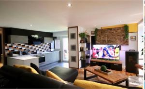 JehansterApartment Design Suite的带沙发和电视的客厅以及厨房。