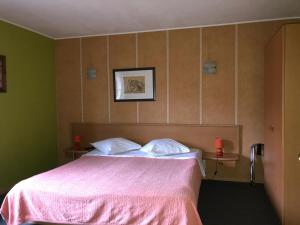 Tielt登霍克酒店的一间卧室配有一张带粉色毯子的大床