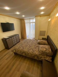 特鲁斯卡韦茨вул Роксолани , 16 центр 300 м до бювету的一间卧室配有一张床和一台平面电视