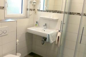 霍夫Hotel Munzert的白色的浴室设有水槽和淋浴。