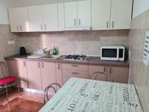 布拉索夫Pensiunea Riccardo的厨房配有白色橱柜、桌子和微波炉