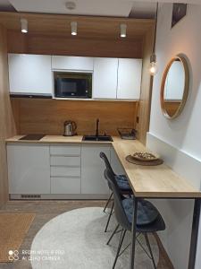 兹拉蒂博尔Apartments Breza的一间带木桌和水槽的小厨房