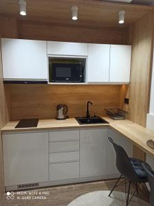 兹拉蒂博尔Apartments Breza的厨房配有白色橱柜、水槽和微波炉