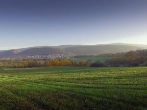 LeymenChambres d'hotes Coeur de Sundgau的一片绿色的草地,以城市为背景