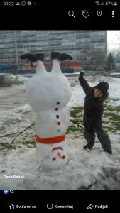 MoraviceApartman Anika的一位女人站在一个雪人旁边