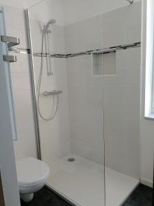 杜埃Appartement calme, chaleureux et lumineux的带淋浴和卫生间的白色浴室