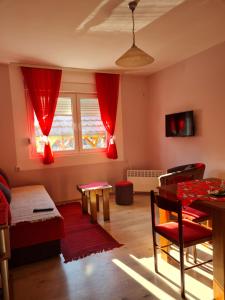 索科矿泉村Apartman "Nina"的客厅配有红色窗帘和桌子