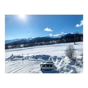 白马村Sunshine Hakuba Ski-to-door的停在雪地的场地上的汽车