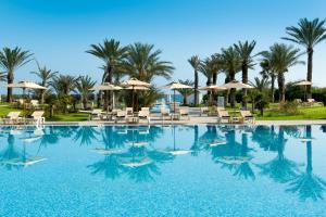 马赫迪耶Iberostar Selection Royal El Mansour的一个带椅子和遮阳伞的游泳池以及棕榈树