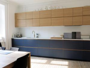 哥本哈根ApartmentInCopenhagen Apartment 414的厨房配有蓝色的柜台和木制橱柜