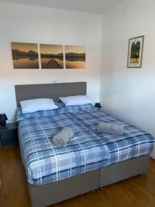 勒什Apartments Vidmar near Bled - Adults only的卧室内的一张床位,配有两个枕头