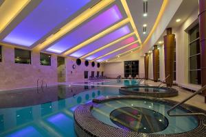 特鲁斯卡韦茨威斯纳酒店 的一座大楼内带两个热水浴池的大型游泳池