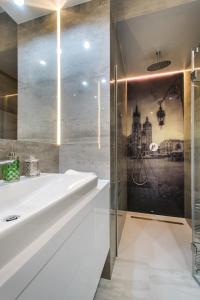 克拉科夫Kings City - Zyblikiewicza 14 apartment的浴室配有白色水槽和淋浴。
