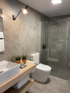 拉科萨LM house的一间带水槽、卫生间和淋浴的浴室