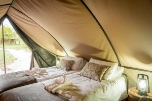 侯斯普瑞特Bundox Explorer Camp的帐篷内的一张床位,配有毛巾