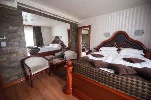 斯雷姆斯基卡尔洛夫奇总统别墅酒店的一间带一张大床和一张书桌的卧室和一间带床的卧室