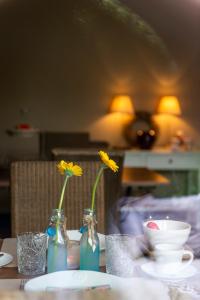 奥德纳尔德樱桃住宿加早餐旅馆的一张桌子,上面有两瓶花,里面是黄色的花