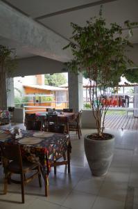 茹阿泽鲁Grande Hotel de Juazeiro的餐厅的盆栽树,配有桌椅