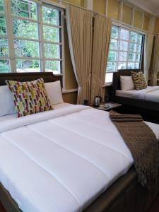 碧瑶R Bed and Breakfast的一间卧室设有两张床和两个窗户。