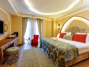 伊斯坦布尔浪漫伊斯坦布尔精品酒店 的配有一张床和一张书桌的酒店客房