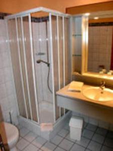 LankenTOP Motel Sassnitz的带淋浴、卫生间和盥洗盆的浴室
