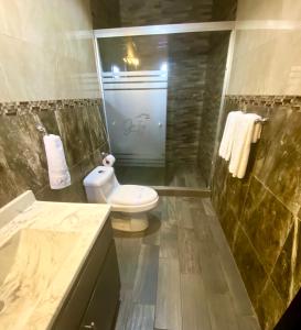 提华纳Hotel Jatay的一间带卫生间和玻璃淋浴间的浴室