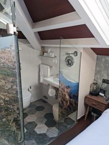 菲尼斯特雷Hotel O Semaforo的带淋浴、卫生间和盥洗盆的浴室