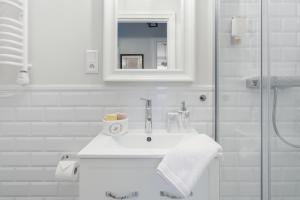 弗罗茨瓦夫Luksusowy apartament Hercena7 w sercu miasta的白色的浴室设有水槽和淋浴。
