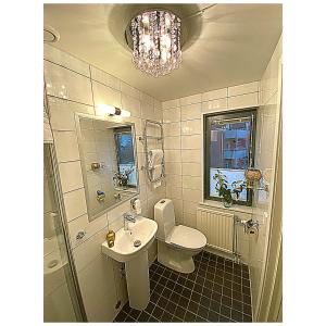 韦克舍瓦润德酒店的一间带水槽、卫生间和吊灯的浴室