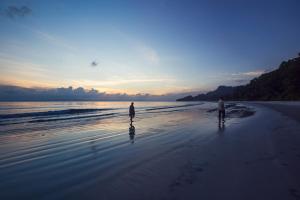 哈夫洛克岛Sea Shell Resort & Spa, Havelock的两人在日落时分在海滩上散步