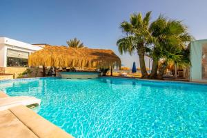 赫尔格达The Boutique Hotel Hurghada Marina的一个带草伞和棕榈树的大型游泳池