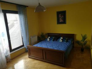 VogošćaApartment Imamović的一间卧室配有一张带蓝色床单的床和一扇窗户。
