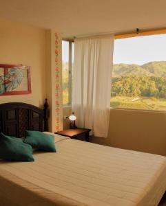 瓜塔佩Casa Encuentro Ecolodge的一间卧室设有一张大床和大窗户