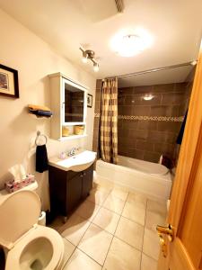 蒙特利尔Maison Montplaisir的浴室配有卫生间、盥洗盆和浴缸。