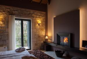 利韦迪昂利维笛套房酒店的一间卧室设有壁炉、一张床和一个窗户。